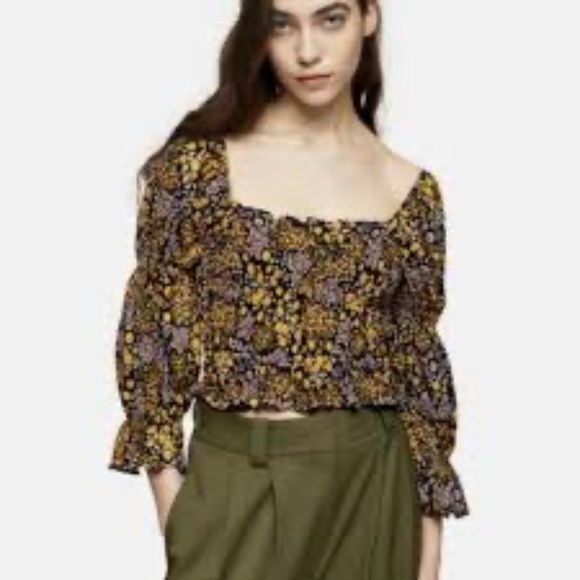 Topshop Women Size 6 Cropped Puff Sleeve Flounce Smocked Blouse Micro Floral - Picture 2 of 11